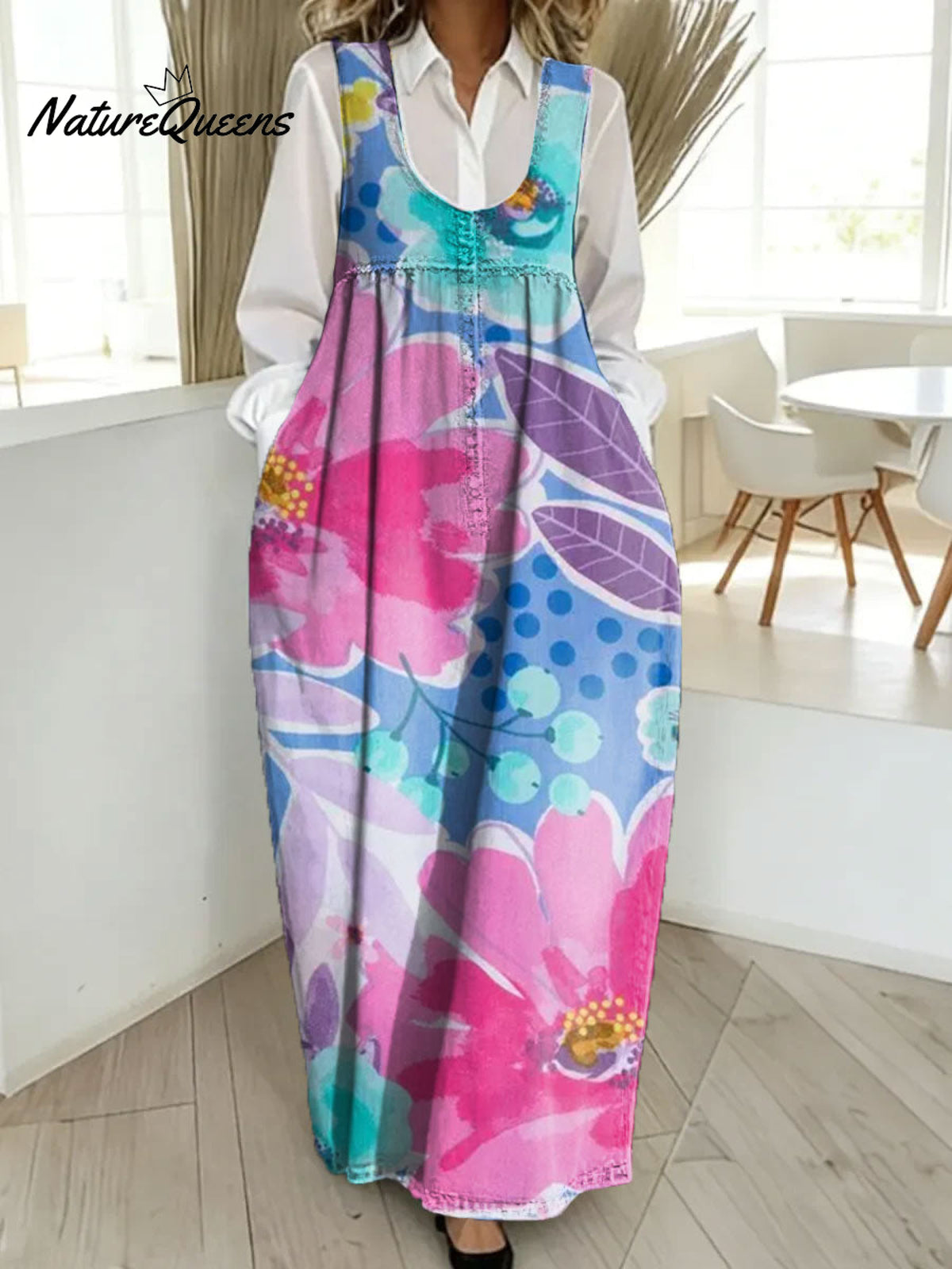 Women's Retro Splicing Colorful Flowers Pattern Art Print Casual Cotton Denim Dress