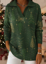 Christmas Tree Print Lapel Casual Knit Sweater