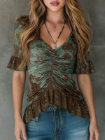Bohemian-print Ruffled Top In Stretchy Cotton