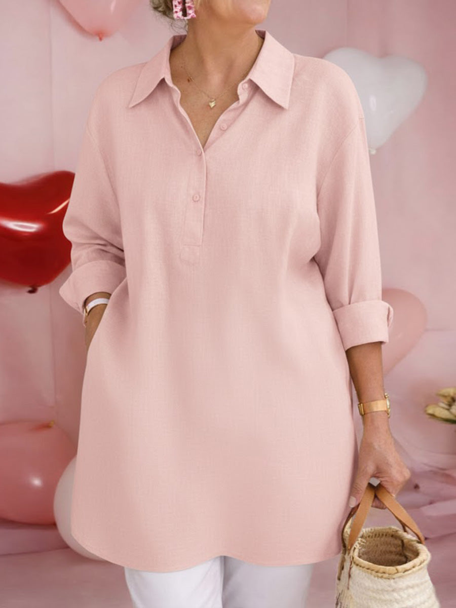 Women's Solid Color Shirt Collar Long-sleeved Casual Loose Cotton And Linen Top