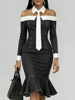 Women's Off-the-shoulder Long-sleeved Casual Loose Denim Slim-fit Dress