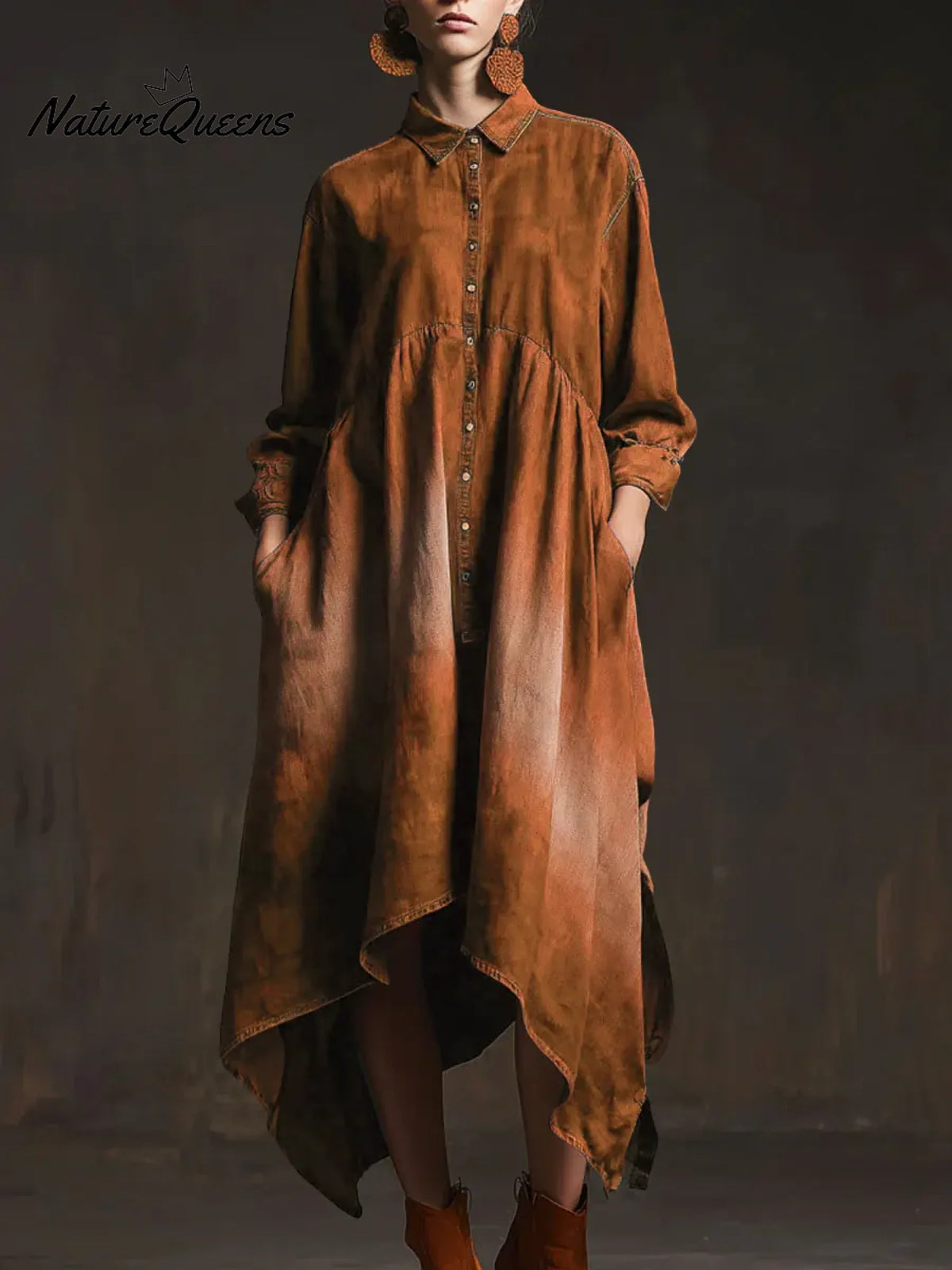 Women's Solid Color Shirt Collar Long-sleeved Casual Loose Cotton Dress