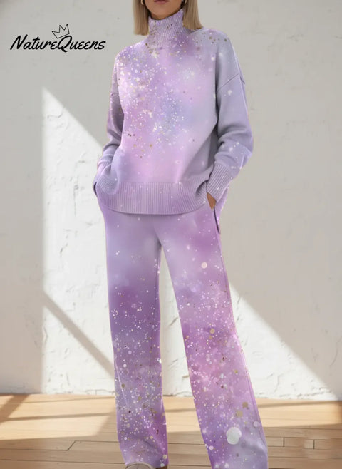 Women's Shiny Pattern Art Print Casual Knitted Cotton Top Pants Suit