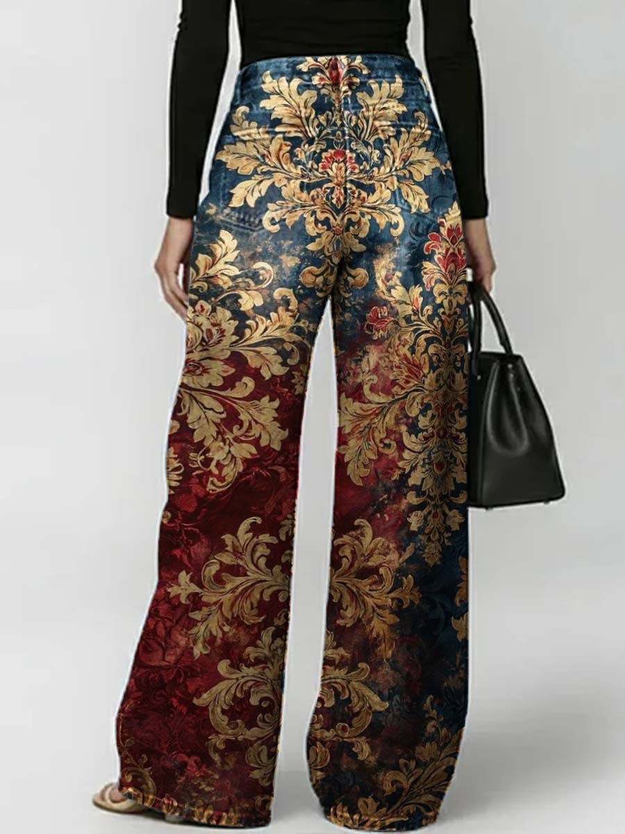Women's Retro Floral Art Print Casual Stylish Hollow Denim Pants
