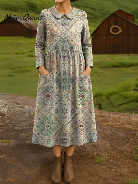 Women's Diamond-shaped Flowers Print Cotton Lapel Button-Down Shirt Dress