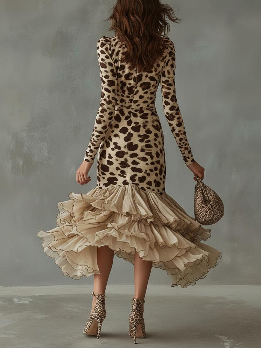 Stylish Leopard-print Paneled Chiffon Ruffle-hem Bodycon Dress