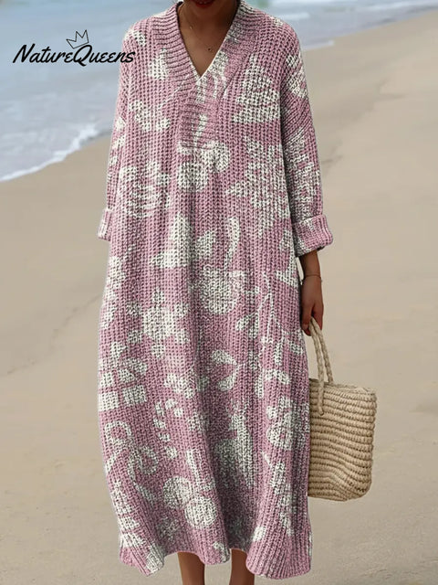 Pink Christmas Elements Art Print Knitted V-neck Dress