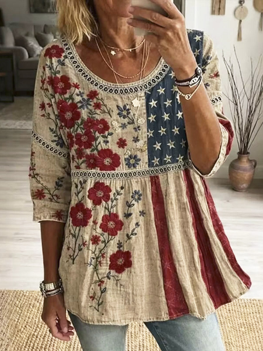 Women's Retro Floral Art Print Casual Hollow Cotton Linen Shirt