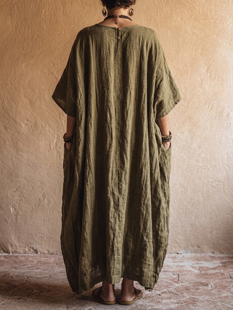 Vestido largo tipo bata de algodón y lino de estilo étnico para mujer, de gran tamaño.