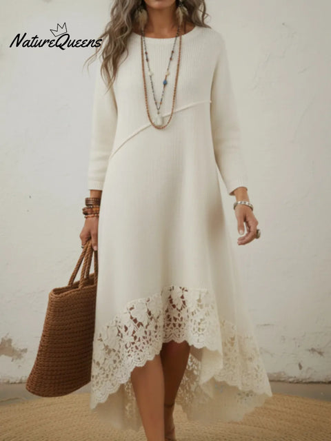 Elegant Lace-hemmed Knit Midi Dress