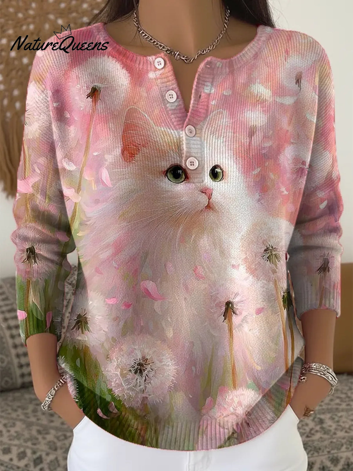 Women's Funny Cat Pattern Art Print Casual Cardigan Sweater