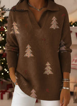 Vintage Christmas Print Lapel Casual Knit Sweater
