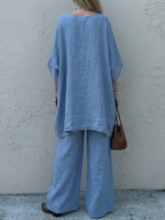 Women's Solid-color Cotton-linen Set: Loose-fit Round-neck 3/4-sleeve Top & High-waisted Wide-leg Pants