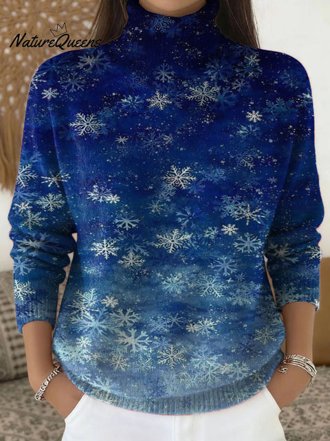 Winter Christmas snow and snowflakes decorative pattern Casual Stand Collar Sweater