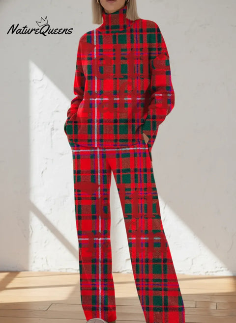 Women's Retro Christmas Plaid Art Print Casual Knit Set