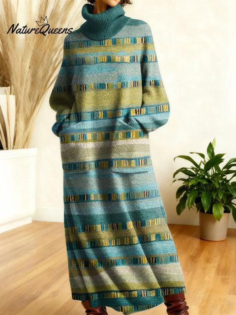 Women's Retro Geometry Colorful Square Stripe Art High-neck Long-sleeve Casual Loose Knit Dress