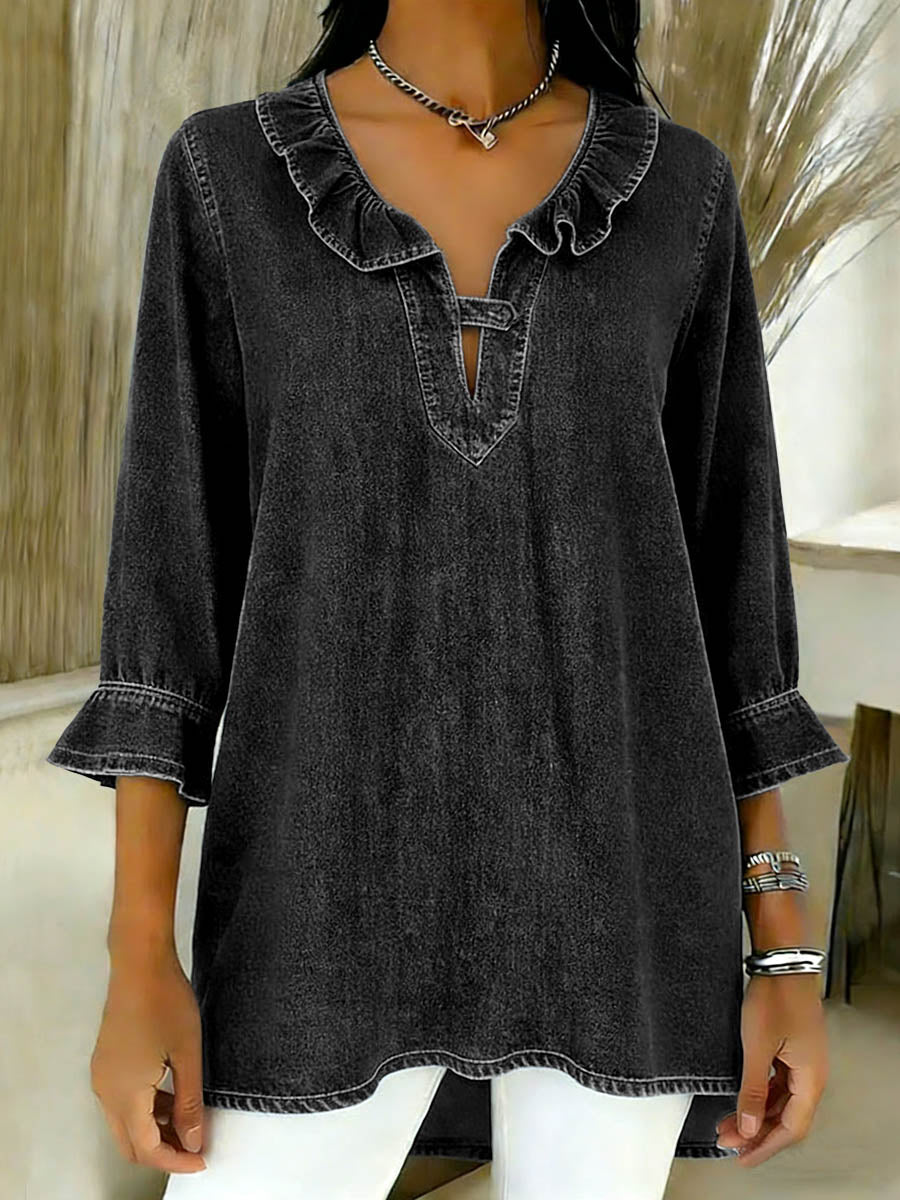 Women's V-neck 3/4 Sleeve Casual Loose Denim Top