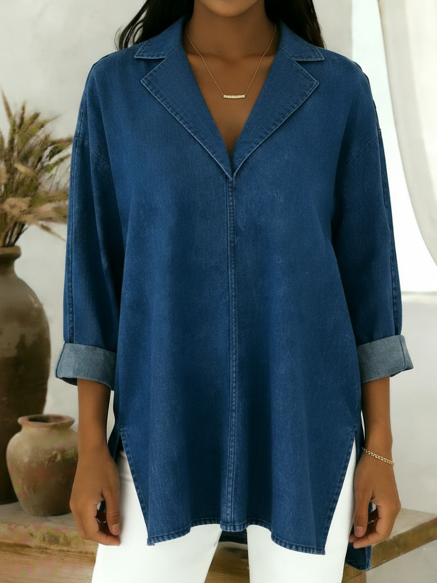 Casual And Cozy Collared Denim Cotton Top