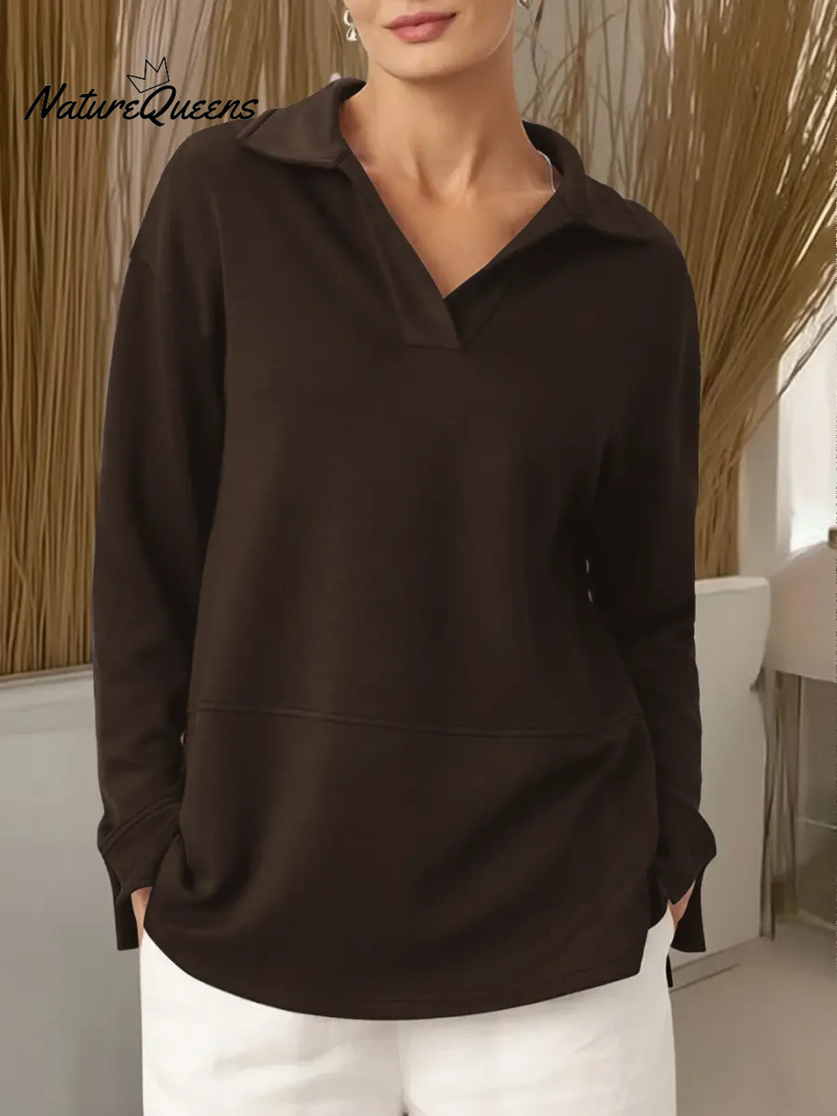 Women's Solid Color V-neck Long-sleeved Casual Loose Sweatshirt