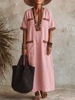 Elegant Deep V-neck Contrast Trim Linen-cotton Dress