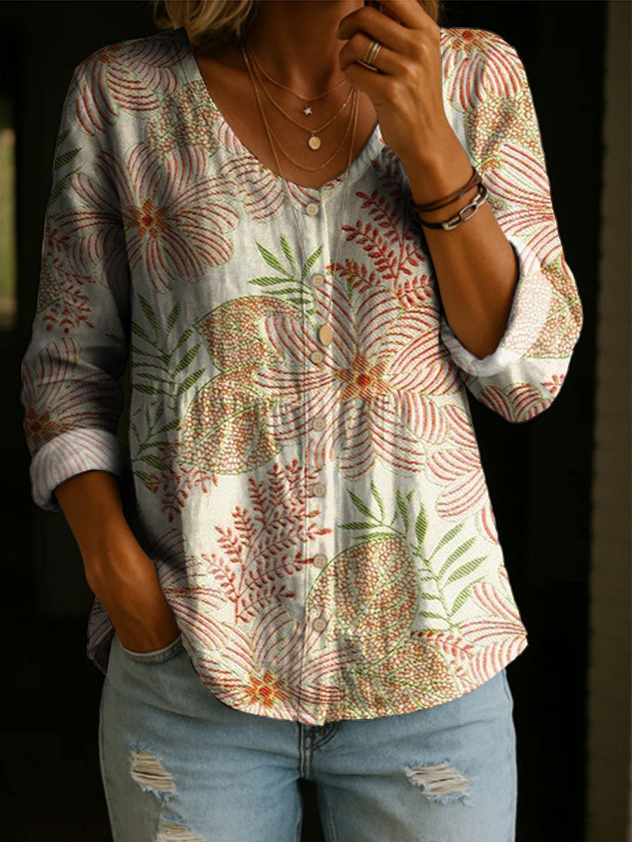 Women's Floral Pattern Art Print Casual Cotton Shirt