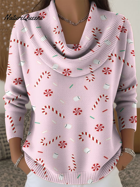 Christmas Candy Decoration Patterns Women's Casual Swing Collar Long Sleeve Sweater