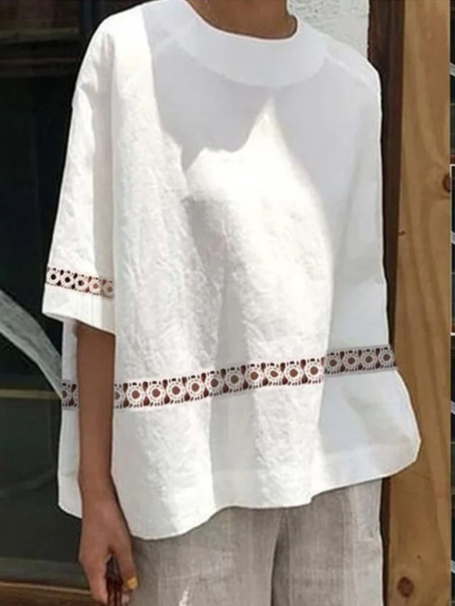 Women's Casual Cotton Linen Shirt with Lace Trim