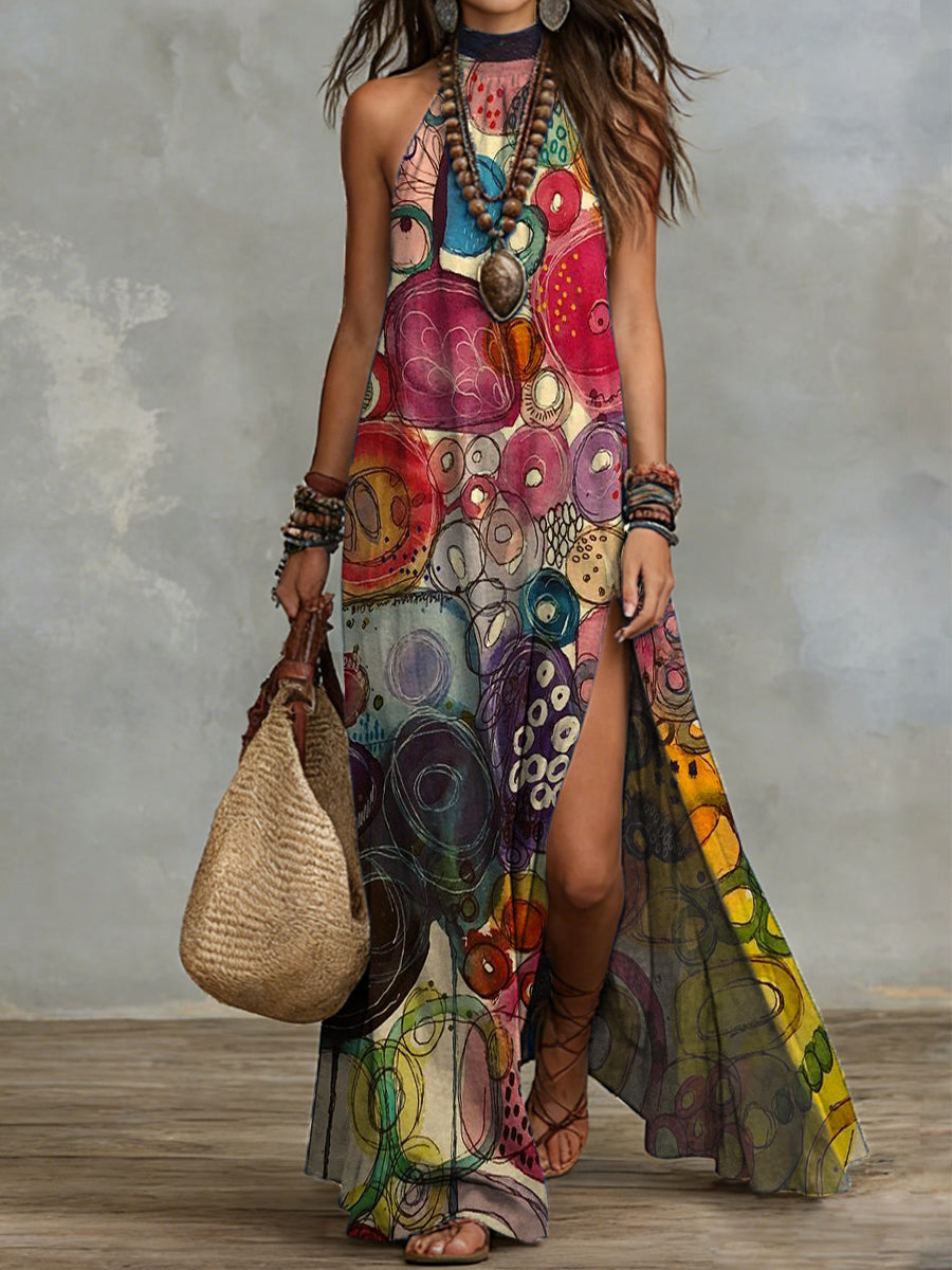 Bohemian Colorful Graffiti Halter-neck Slit Maxi Dress — Vacation-style Cotton-linen Printed Dress