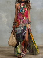 Bohemian Colorful Graffiti Halter-neck Slit Maxi Dress — Vacation-style Cotton-linen Printed Dress