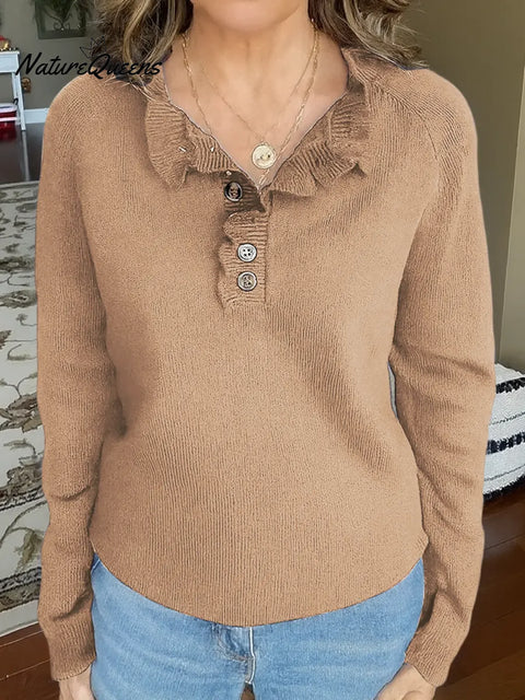 Women's Solid Color V-Neck Long Sleeve Casual Loose Knit Top