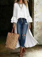 Women's Casual Solid Color High-low Design Off-shoulder Ruffled Round Neck Blouse