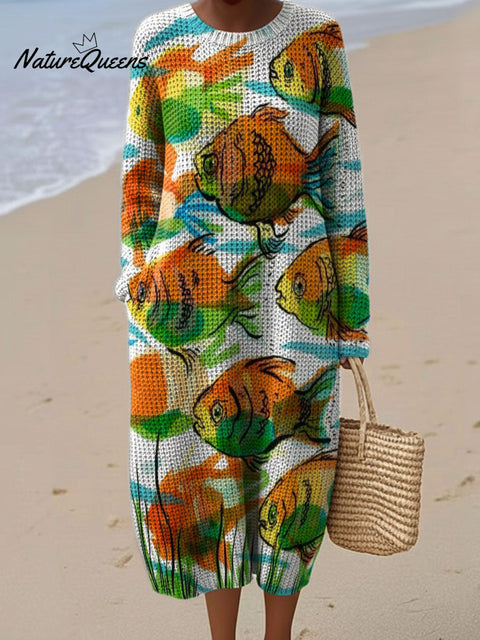 Decorative Patterns Of Goldfish In Painting Art Women's Casual Round Collar Long Sleeve Dress