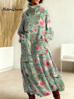 Women's Vintage Flower Pattern Art Print Casual Cotton Knitted Dress