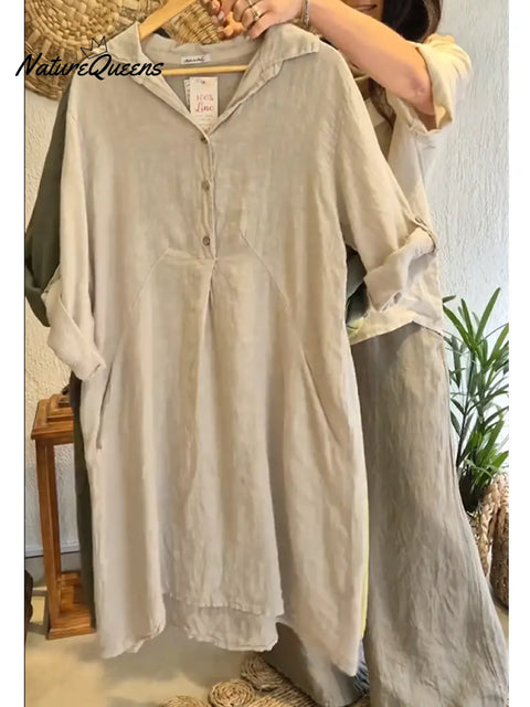 Women's Casual Long-Sleeved Cotton Linen Dress