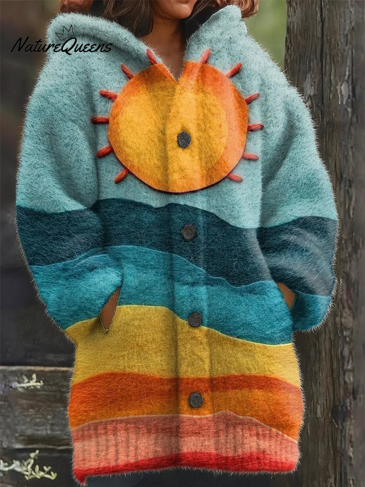 Women's Vintage Sun Pattern Art Print Casual Fleece Coat