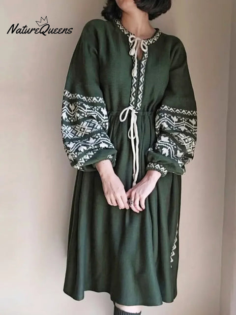 Women's Contrast Print Round Neck Long Sleeve Casual Loose Dress