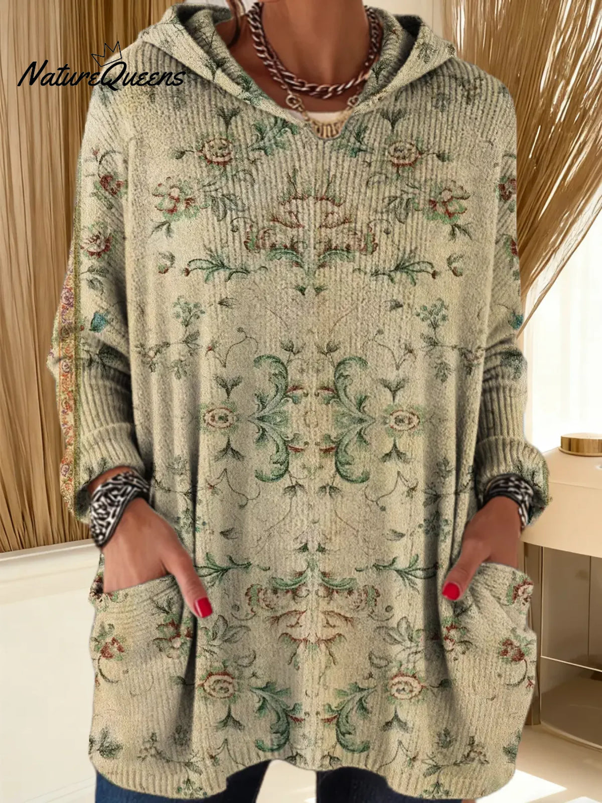 Women's Floral Pattern Art Print Hooded Casual Knitted Sweater