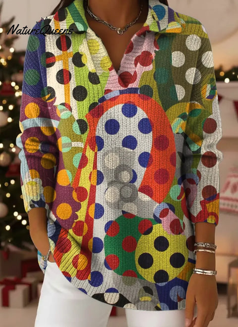 Abstract Colorful Polka Dots Art Print Lapel Casual Knit Sweater