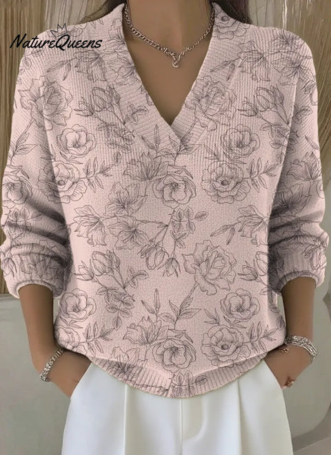 Pink Rose Floral Art Print V-Neck Sweater
