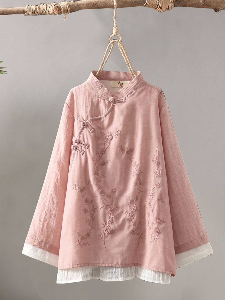 Women's Stand-collar Long-sleeve Loose-fit Casual Cotton-linen Shirt With Embroidery