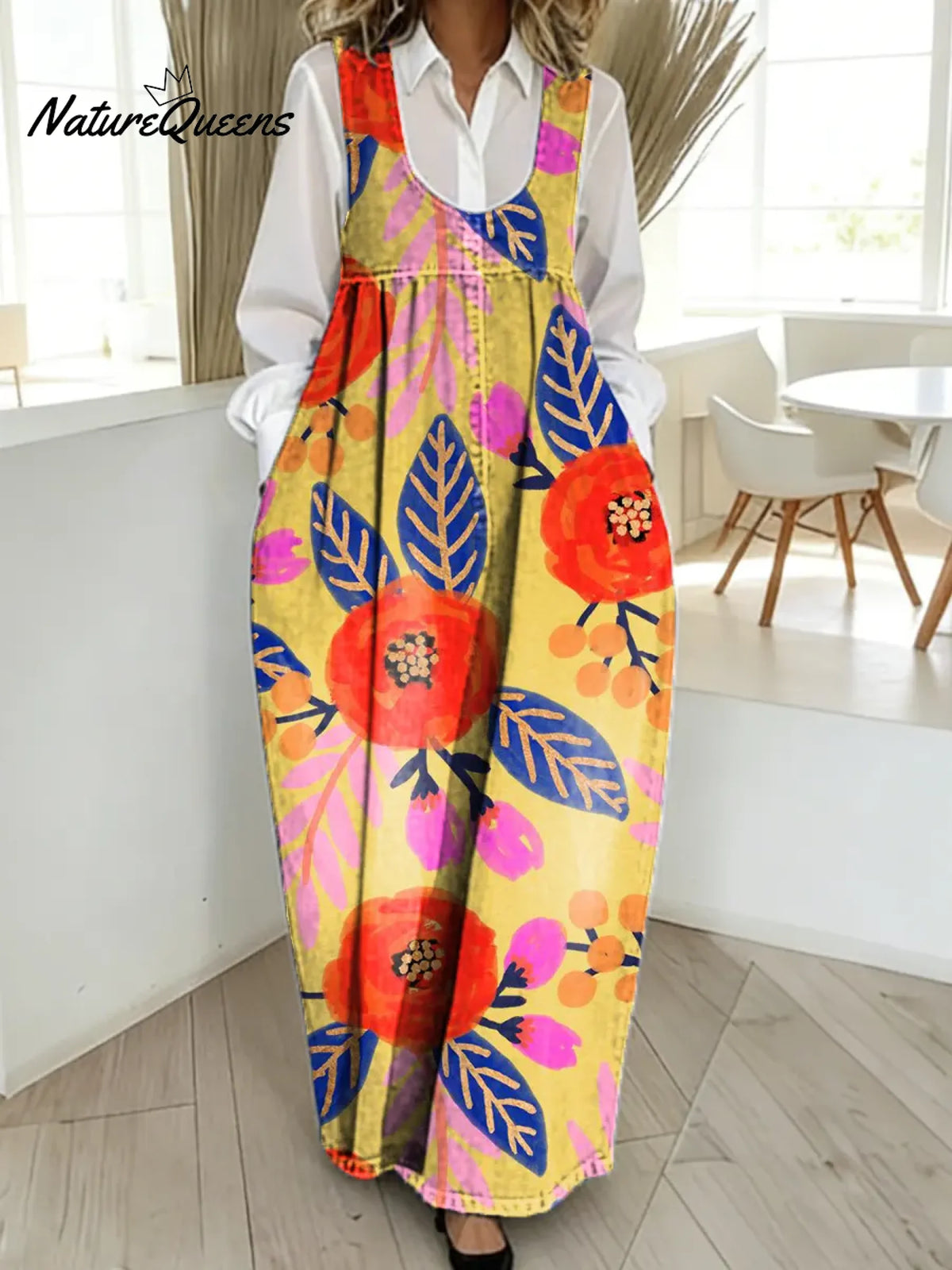 Women's Vintage Flower Pattern Art Print Casual Cotton Denim Dress