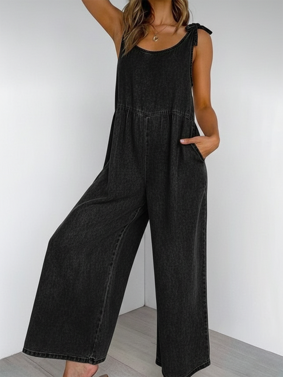 Casual Lace-up Loose Denim Jumpsuit