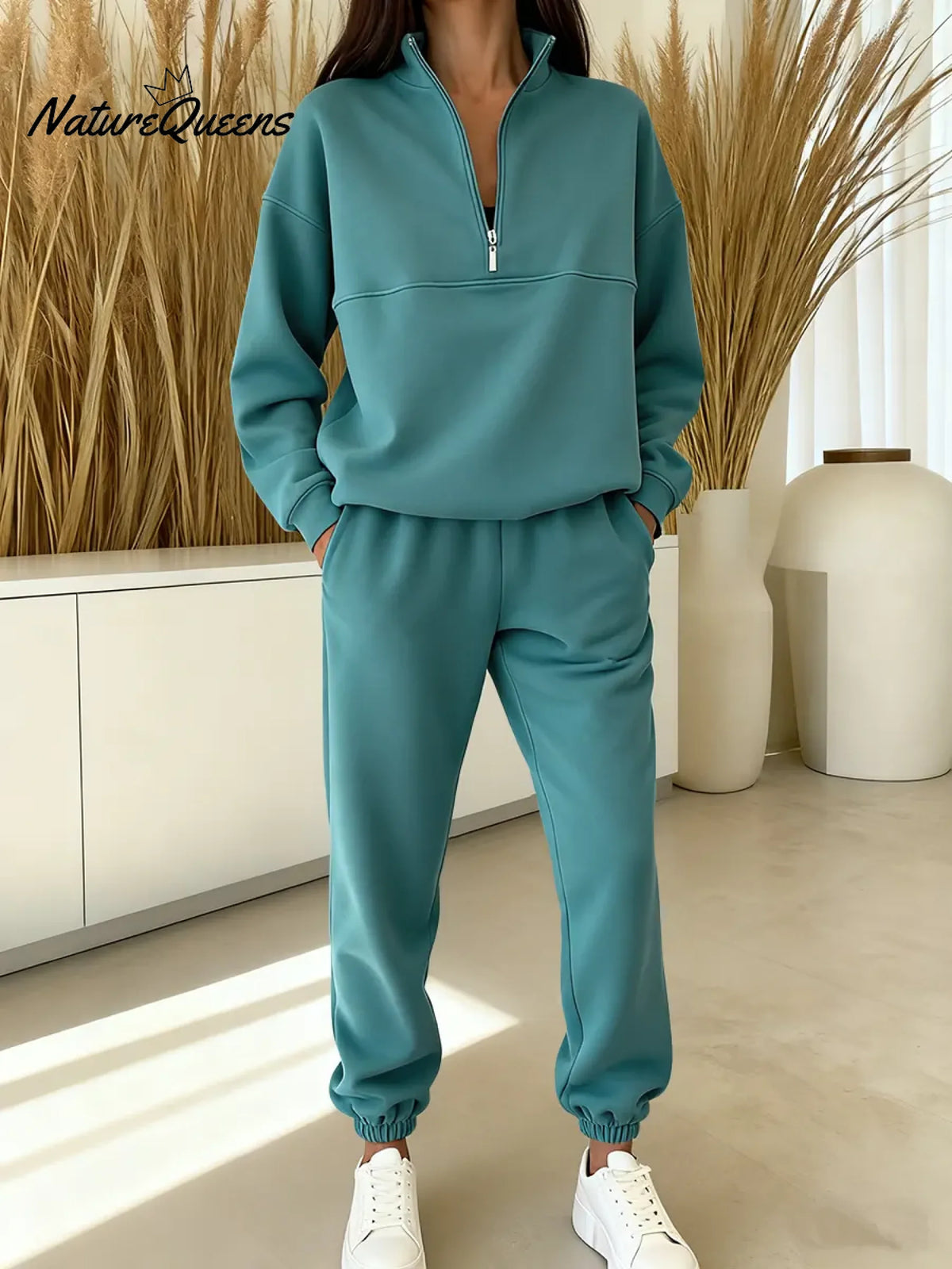 Women's Solid Color Cardigan Collar Long Sleeve Casual Loose-fitting Sweatshirt With Elastic Waist And Jogger Pants Set