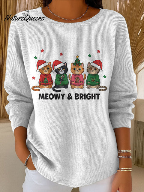 Merry Christmas cute cats decorative pattern Casual Round  Collar Sweater