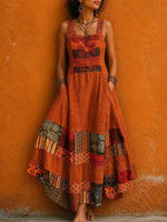 Women's Vintage-print Square-neck Sleeveless Loose-fit Cotton-linen Casual Dress