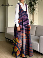 Women's Retro Splicing Colorful Flowers Pattern Art Print Casual Cotton Denim Dress