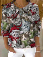 Women's Christmas Cat Print Casual Peter Pan Collar 3/4 Sleeve Sweater