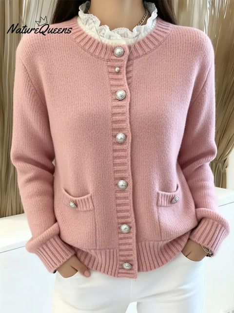 Women's Christmas Collar Cardigan Sweater with Lace Trim