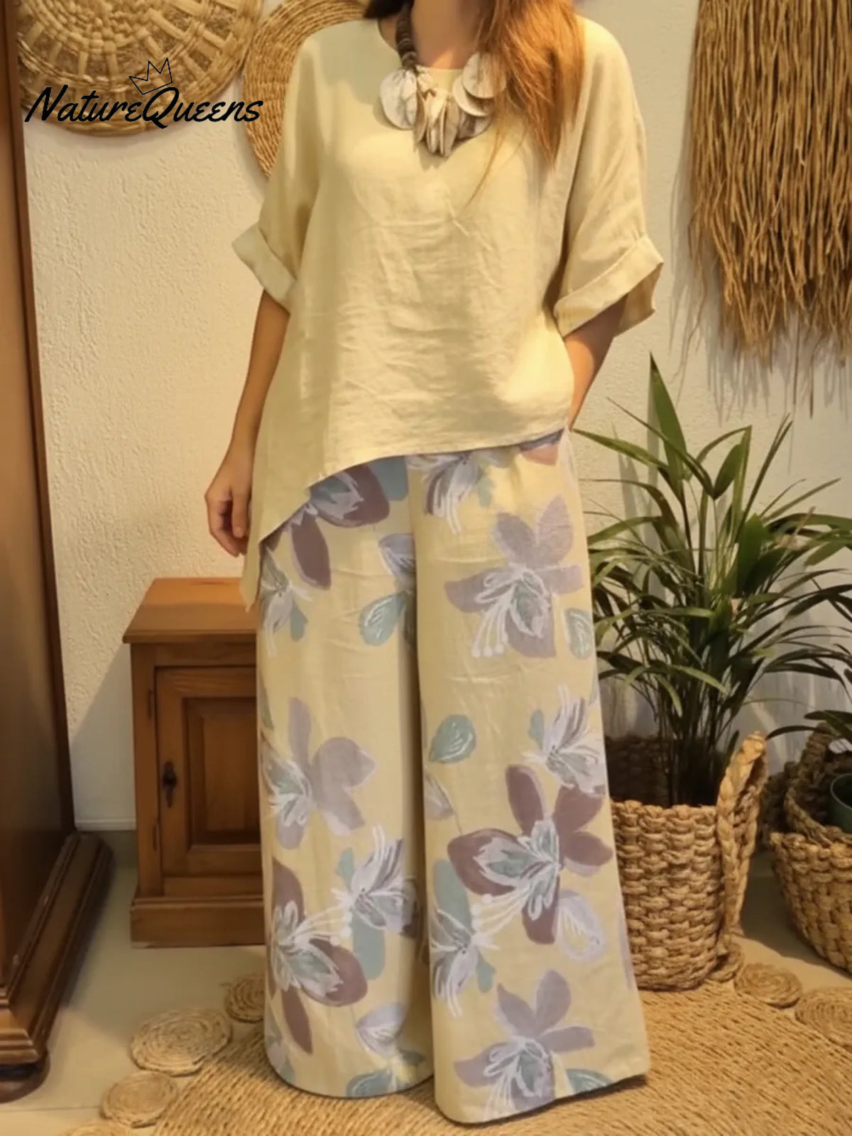 Casual Irregular Hem Linen Top And Pants Two-piece Set