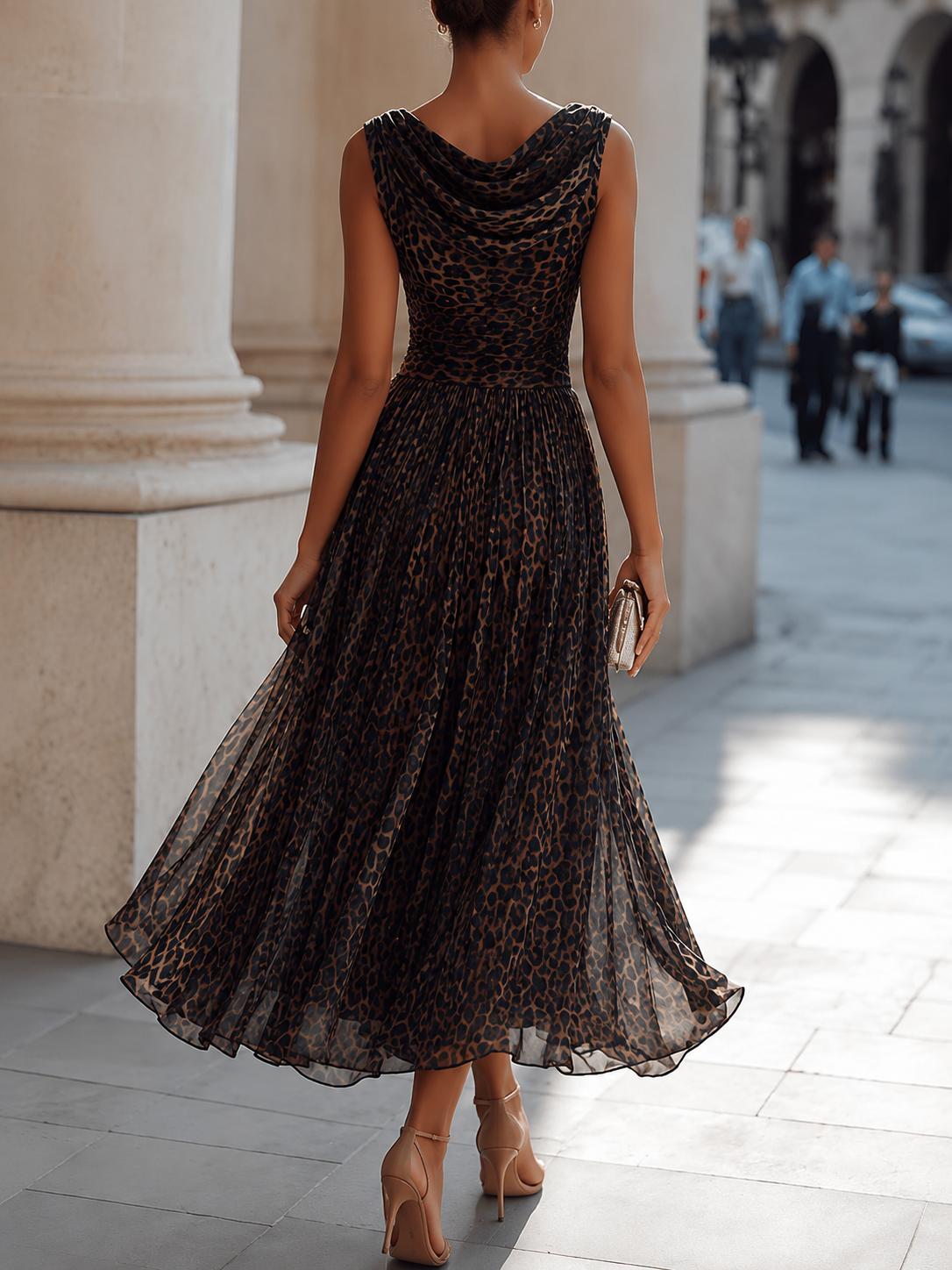 Leopard Print Draped Cowl Neck Sleeveless Pleated Midi Dress